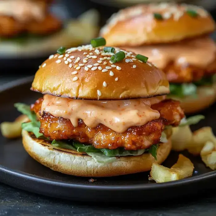 A crispy fried chicken slider drizzled with tangy sauce resting on a sesame bun with lettuce, topped with green onions.