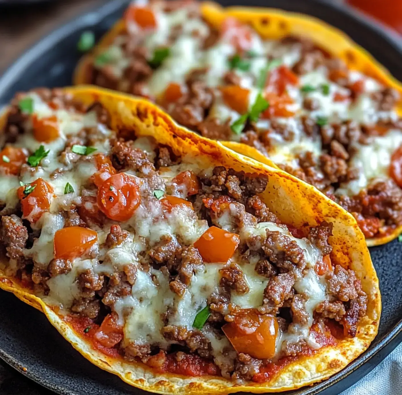 Two crispy taco shells overflowing with seasoned meat, gooey cheese, tomatoes, and parsley on a black plate.