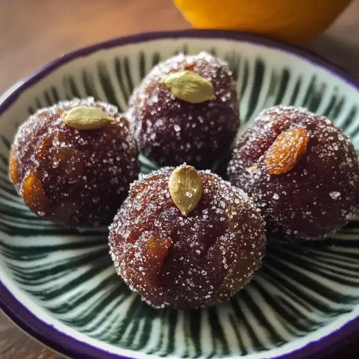 Four sugar-dusted candy balls plated beside cardamom pods, dried fruit, and an orange in the background.