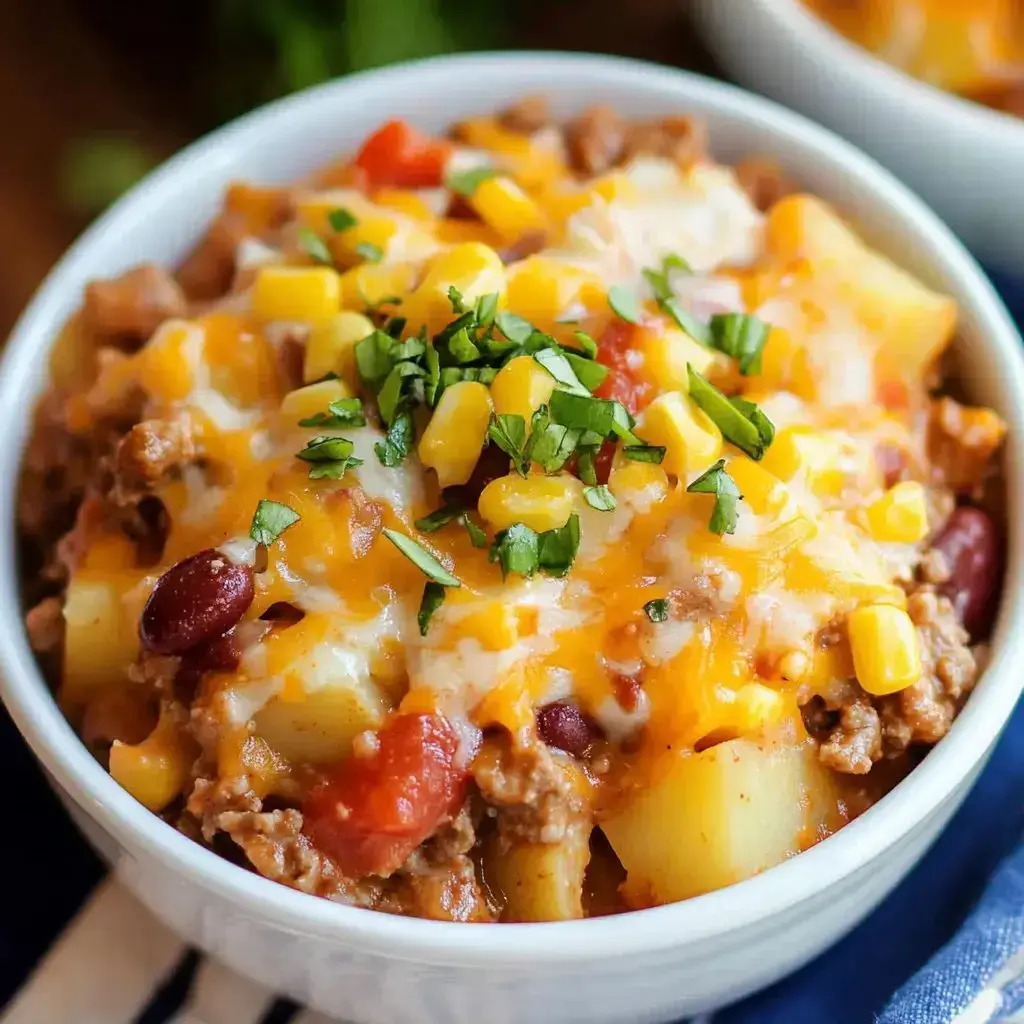 A bowl of chunky stew with melting cheese, corn, and colorful herbs.