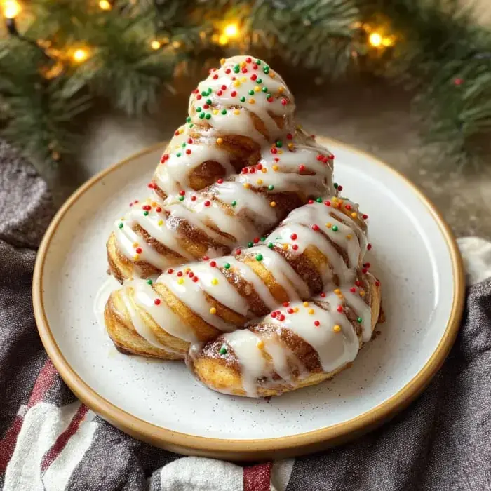 A plate with cinnamon rolls shaped like trees, topped with icing and festive red and green sprinkles, placed in a holiday-themed setting.