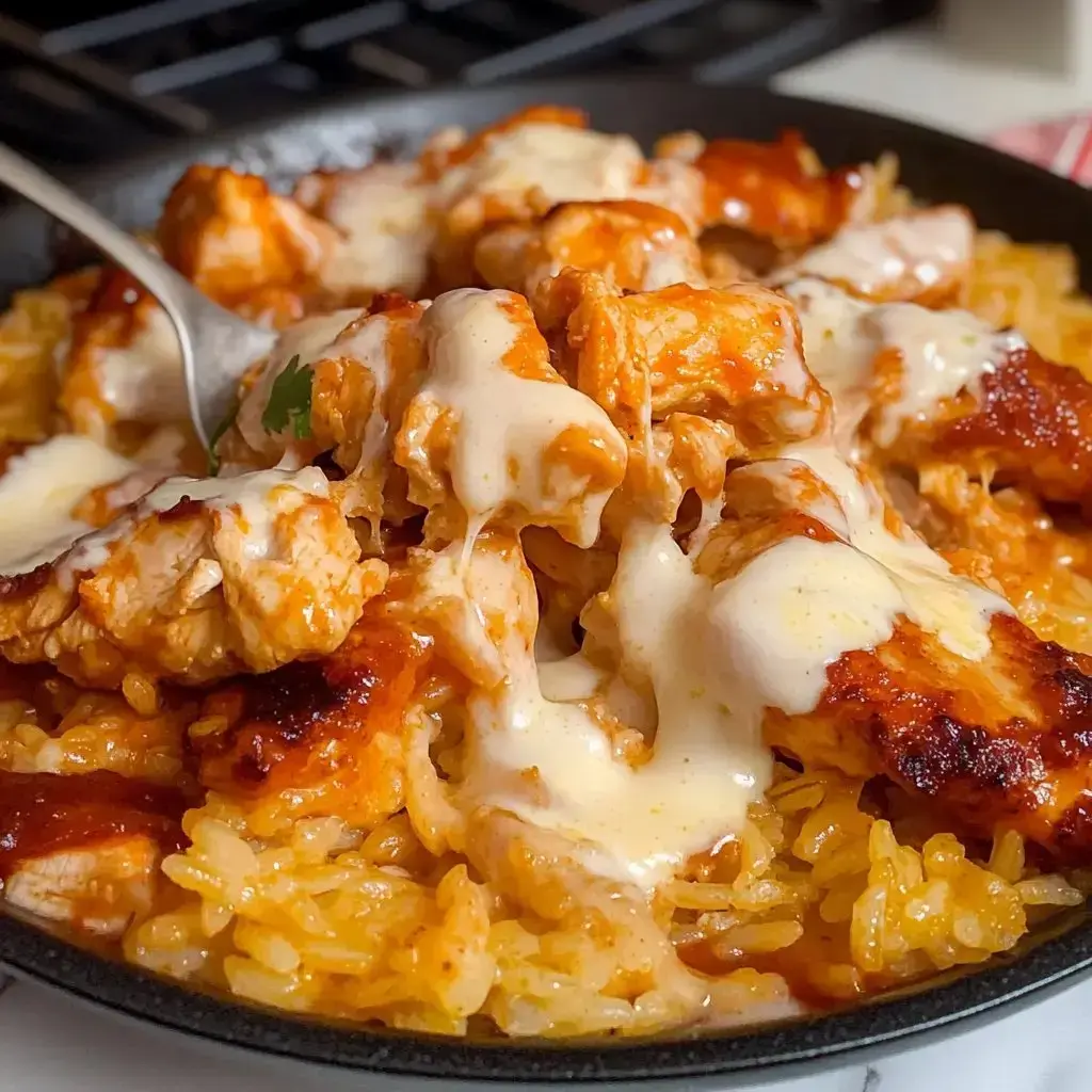 A close-up view of yellow rice topped with grilled chicken pieces, creamy sauce, and a drizzle of barbecue sauce.