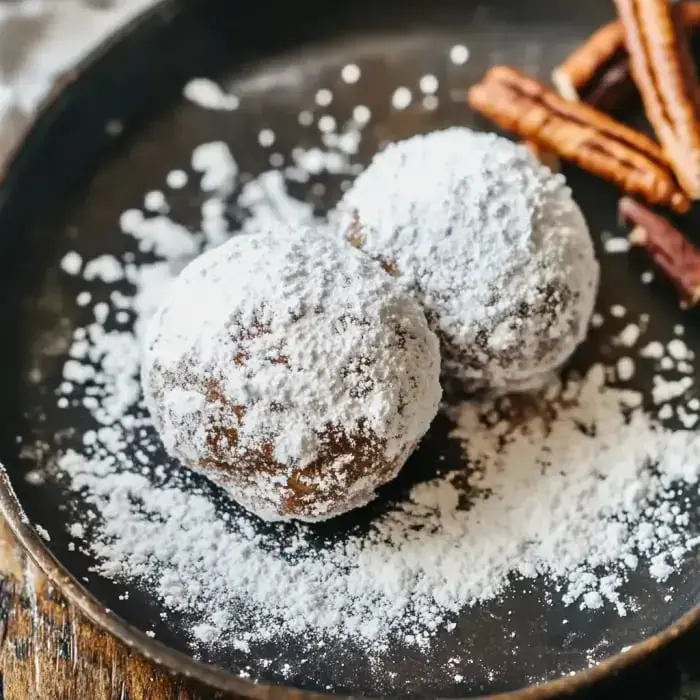Two sugar-dusted chocolate balls rest on a dark dish with cinnamon sticks nearby, sprinkled with powdered sugar.