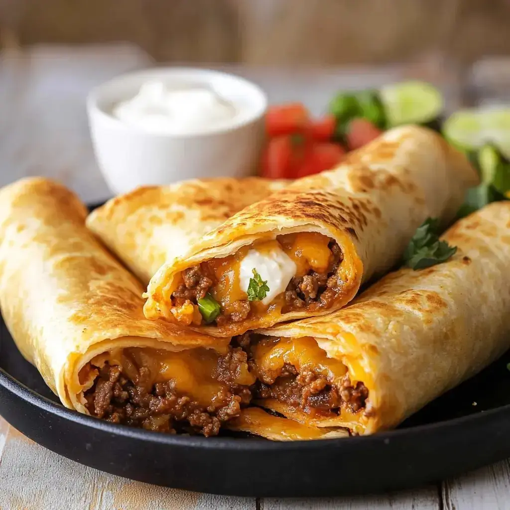 Golden crispy rolled tortillas stuffed with spiced beef and melted cheese, paired with fresh veggies and sour cream.