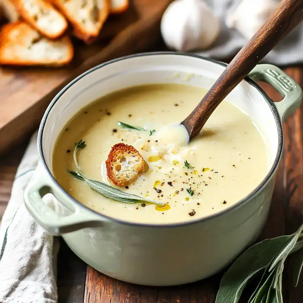 Herb-topped creamy soup served with toast, extra bread, and garlic on the side.