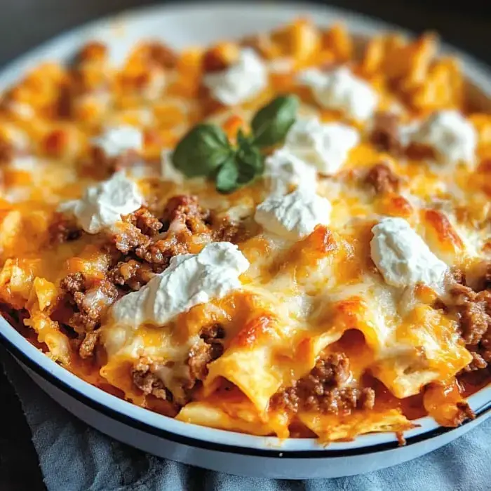 A casserole dish full of layered pasta, beef, and cheese, topped with sour cream and fresh herbs.