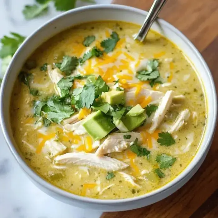 A bowl of creamy soup with chicken, avocado, cheese, and cilantro.