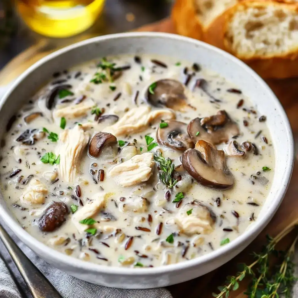A bowl of creamy chicken and wild rice soup with mushrooms and herbs, served with bread on the side.
