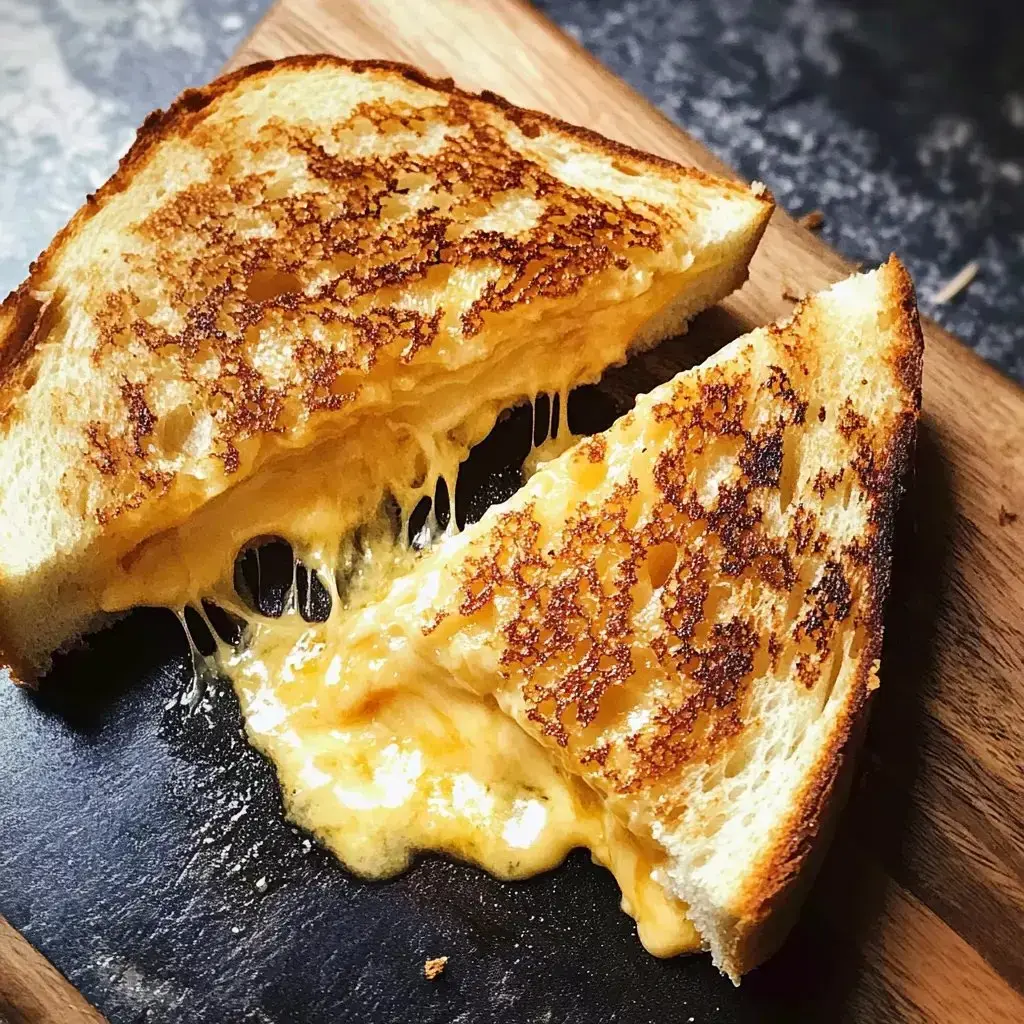 A cheesy sandwich toasted perfectly, with melted cheese spilling out, sitting on a wooden board.