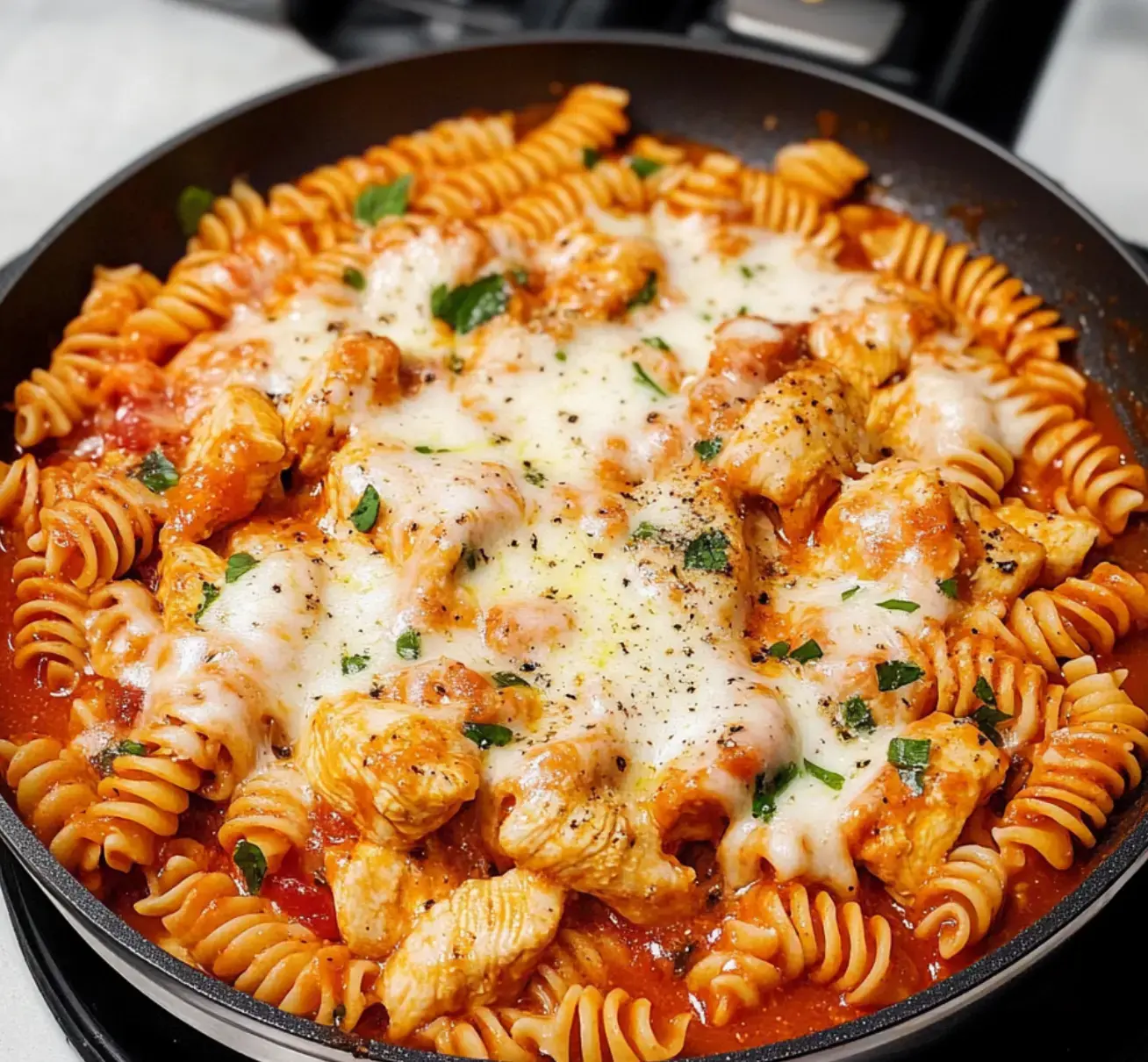 Cheesy rotini pasta, chicken chunks, and tomato sauce in a skillet, topped with parsley.
