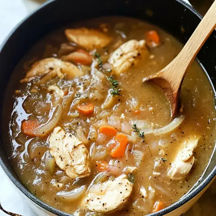 A pot filled with chicken soup, showing slices of chicken, veggies like onions and carrots, in a hearty broth with herbs.
