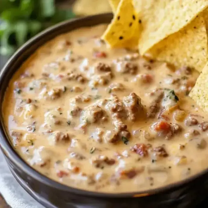 A warm bowl of creamy dip served with a side of tortilla chips.