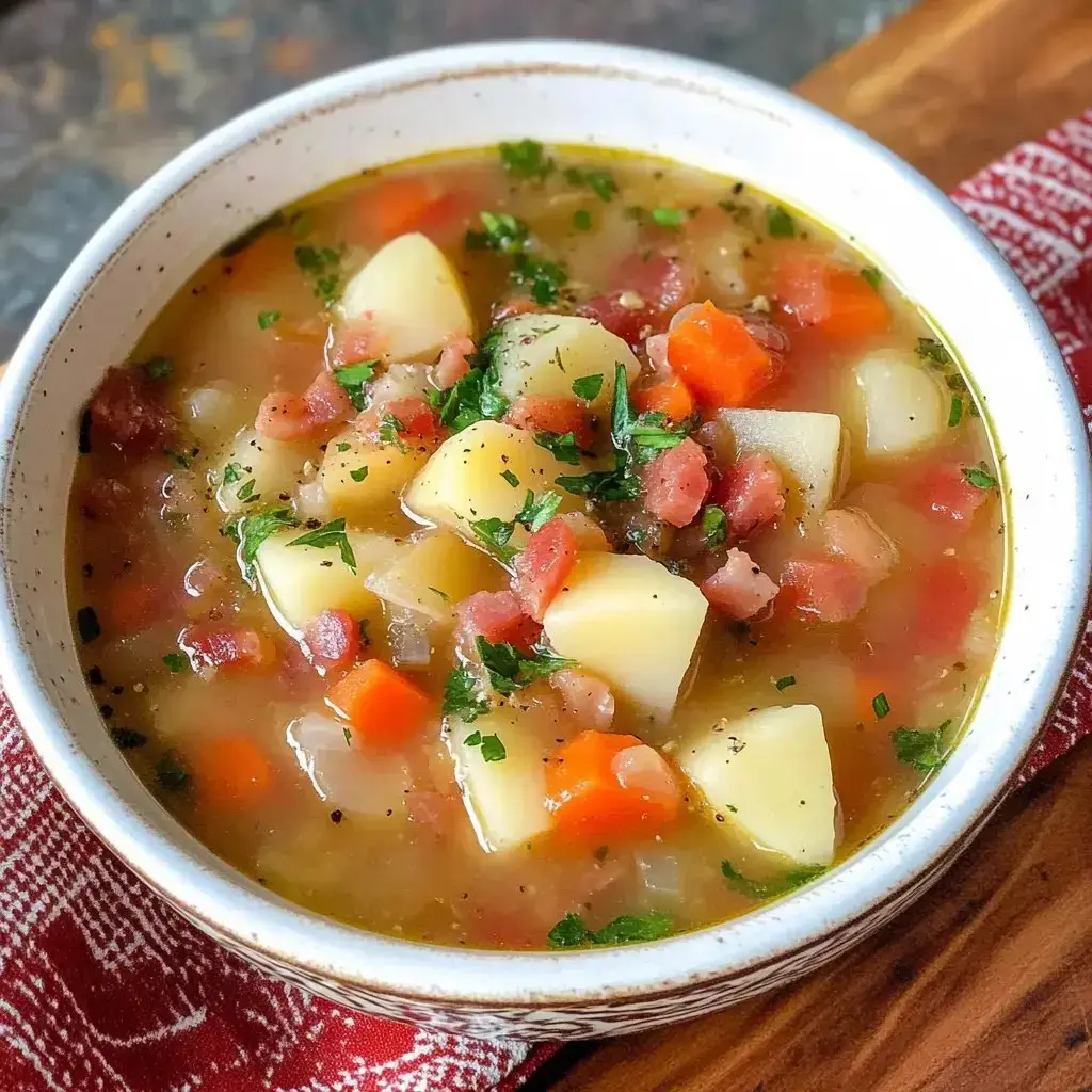 A rustic bowl of potato stew with carrots, herbs, and bacon on a wooden table with a red cloth.