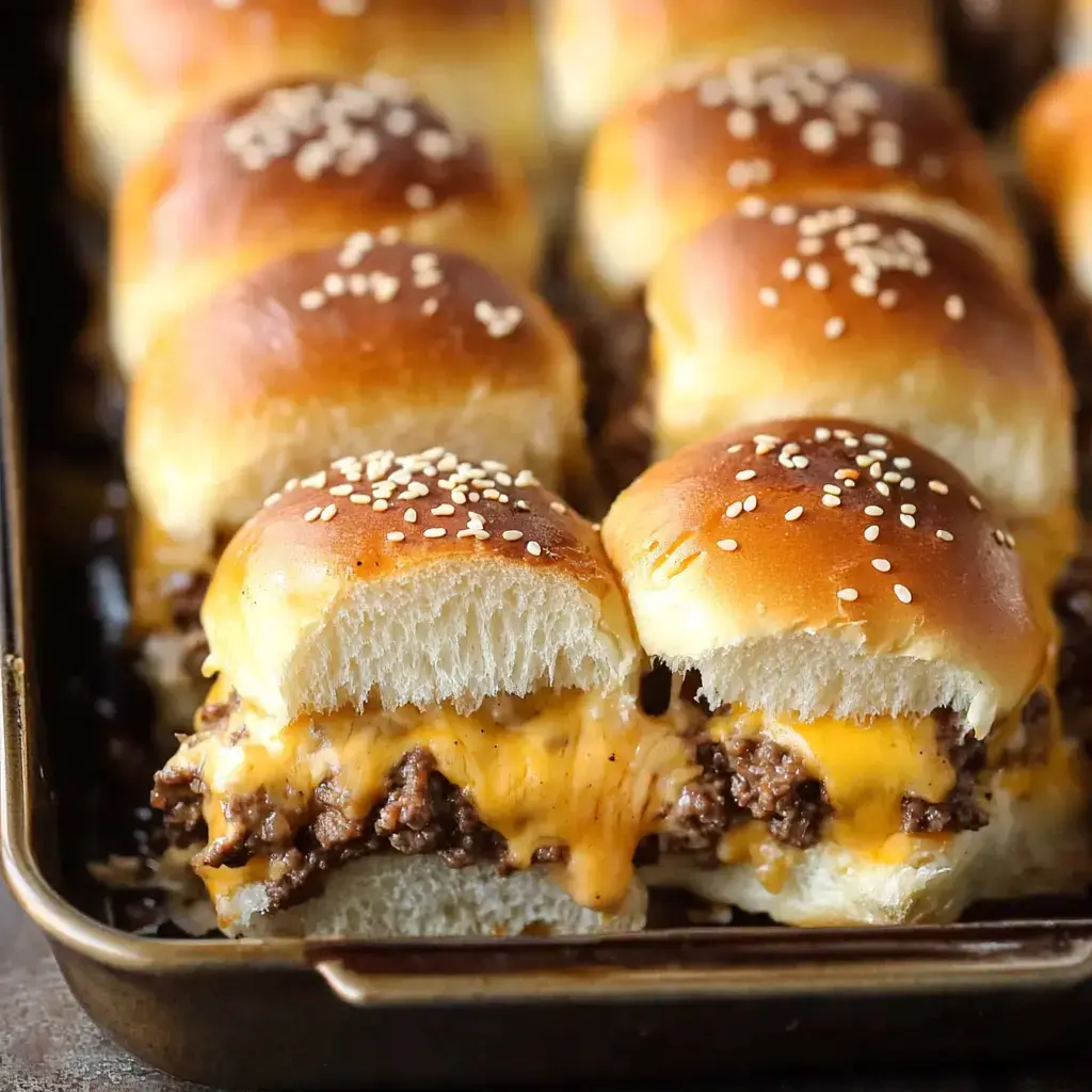 Tray of beef and cheese sliders with sesame-topped rolls.