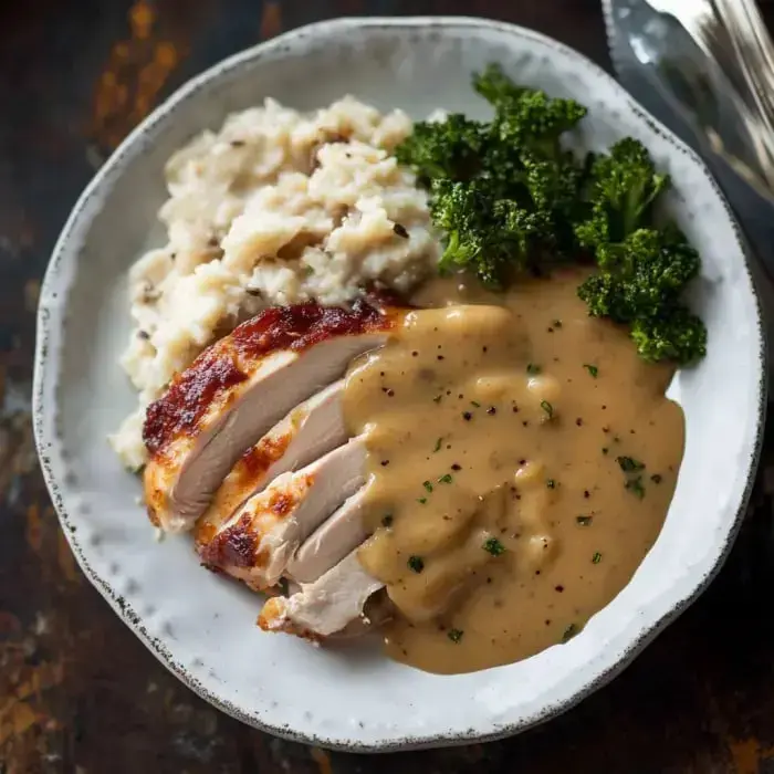 Sliced turkey, topped with golden gravy, alongside creamy mashed potatoes and greens.