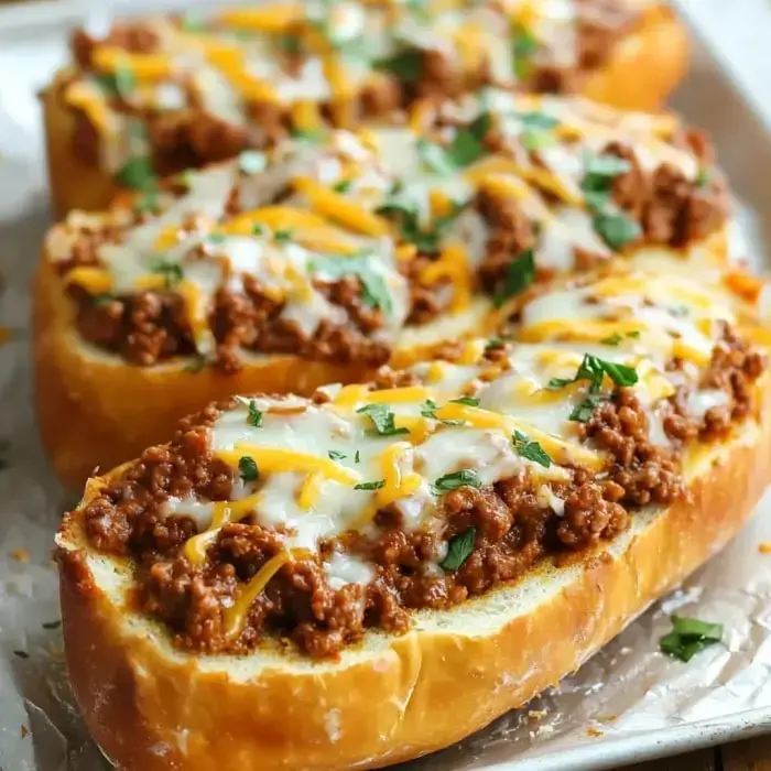 Close-up of toasted garlic bread topped with seasoned ground beef, melty cheese, and parsley.