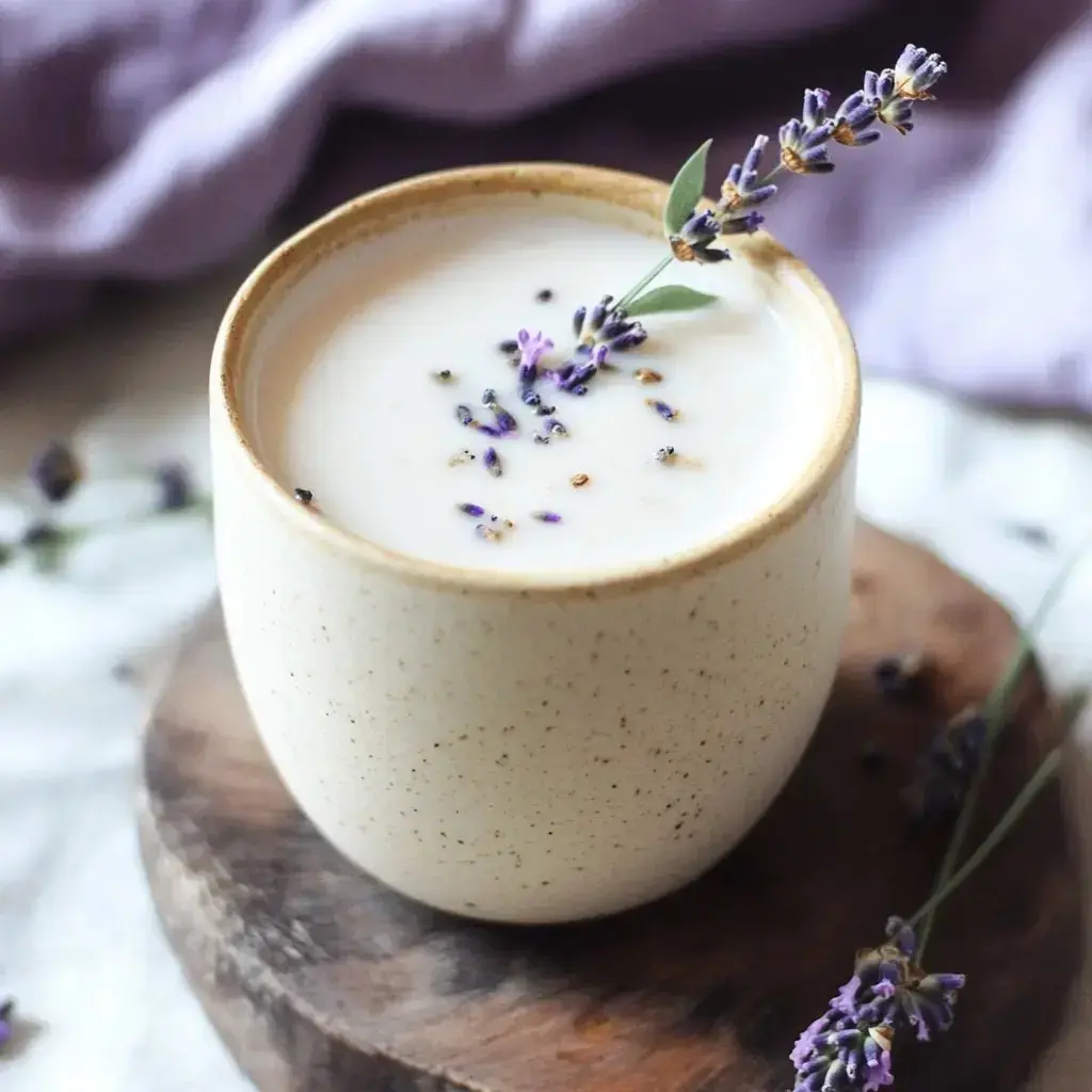 A soothing lavender milk drink sits on a wooden board, sprinkled with dried lavender and framed by soft lavender sprigs and fabric.