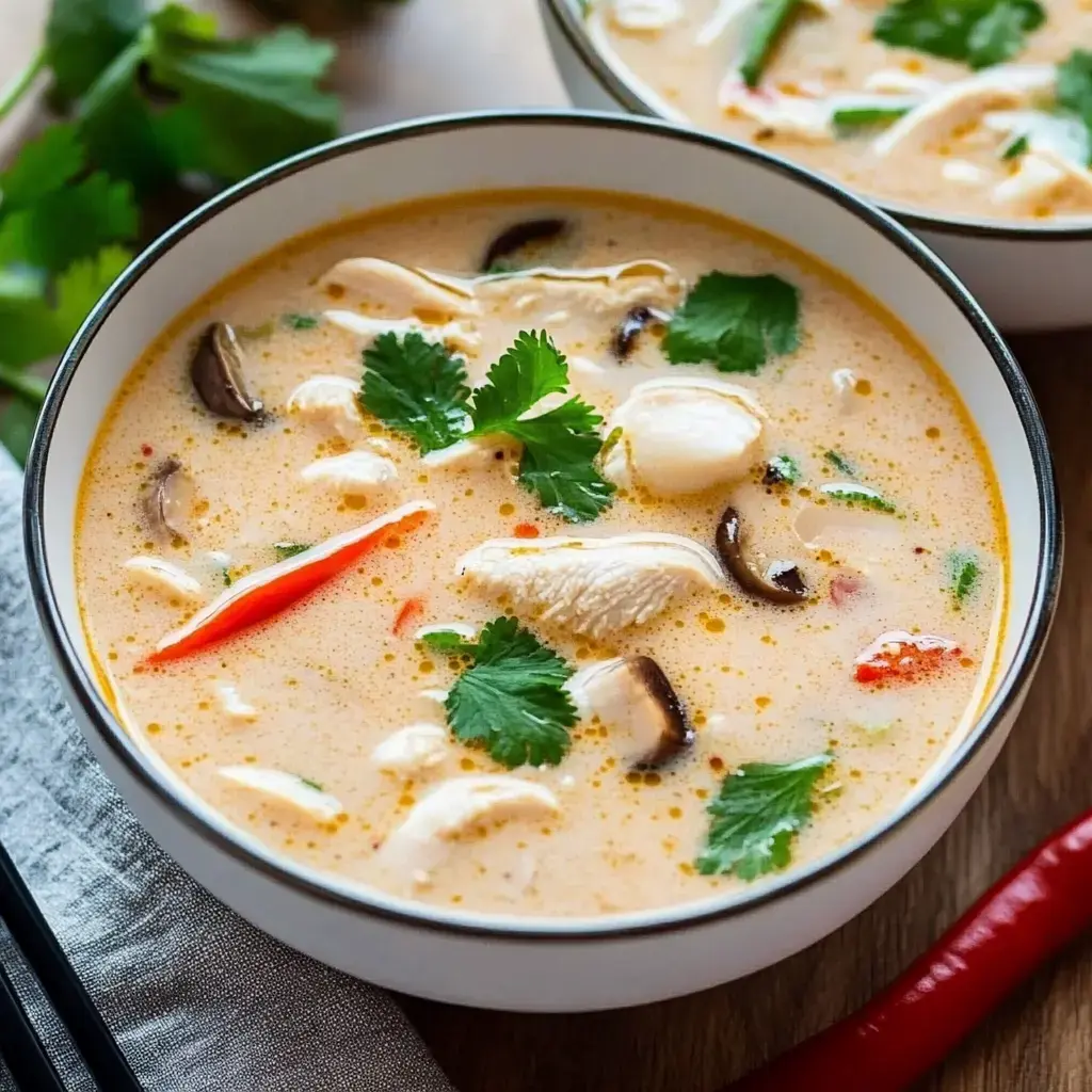 A hot soup bowl with chicken, mushrooms, cilantro, and red chili.