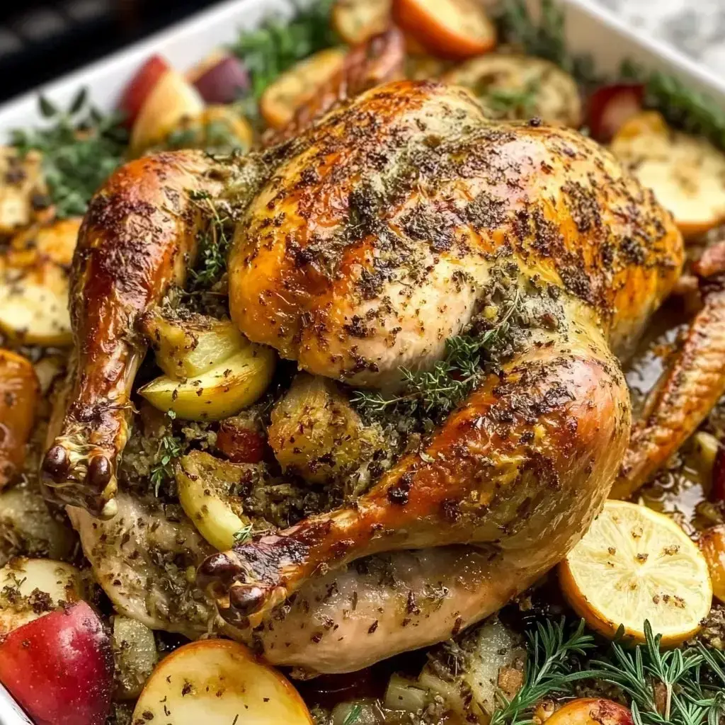A golden-brown roasted turkey with herbs, veggies, and lemon slices on the platter.