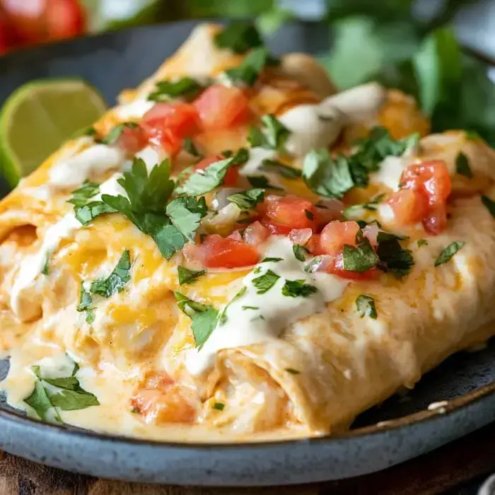 Close-up of cheesy enchiladas topped with tomatoes, cilantro, sour cream drizzle, and a lime wedge on the side.