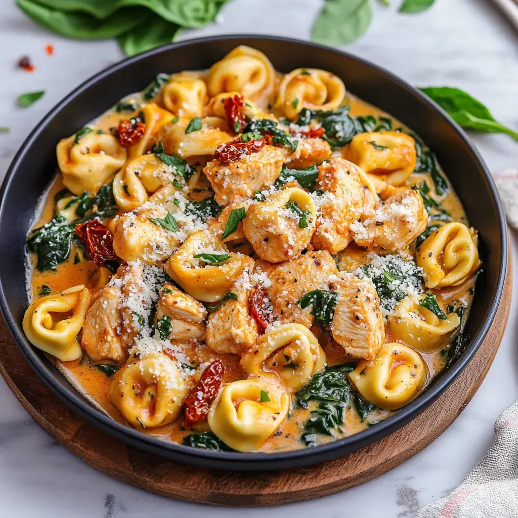 A creamy pasta bowl with chicken, tortellini, spinach, sun-dried tomatoes, and cheese shavings.