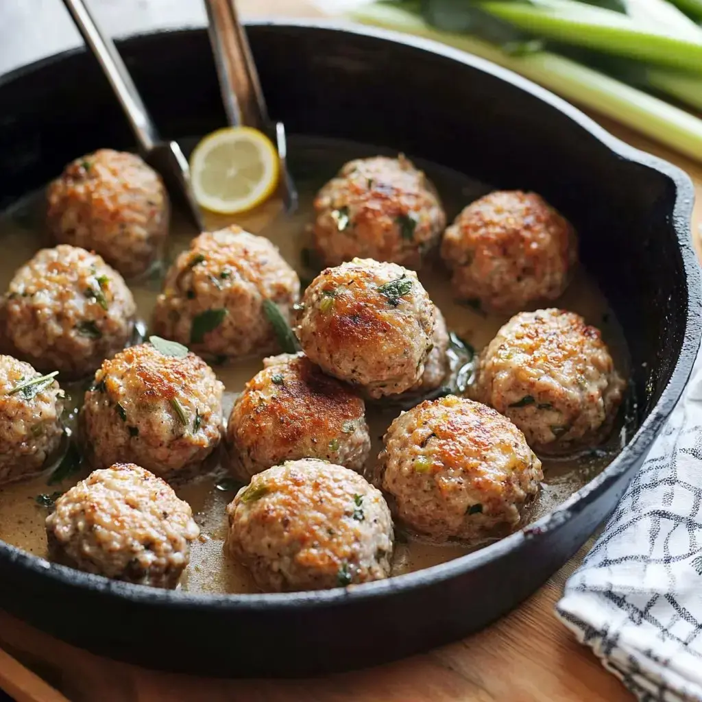 Golden-brown meatballs in a skillet of sauce with herbs and a lemon wedge on top.