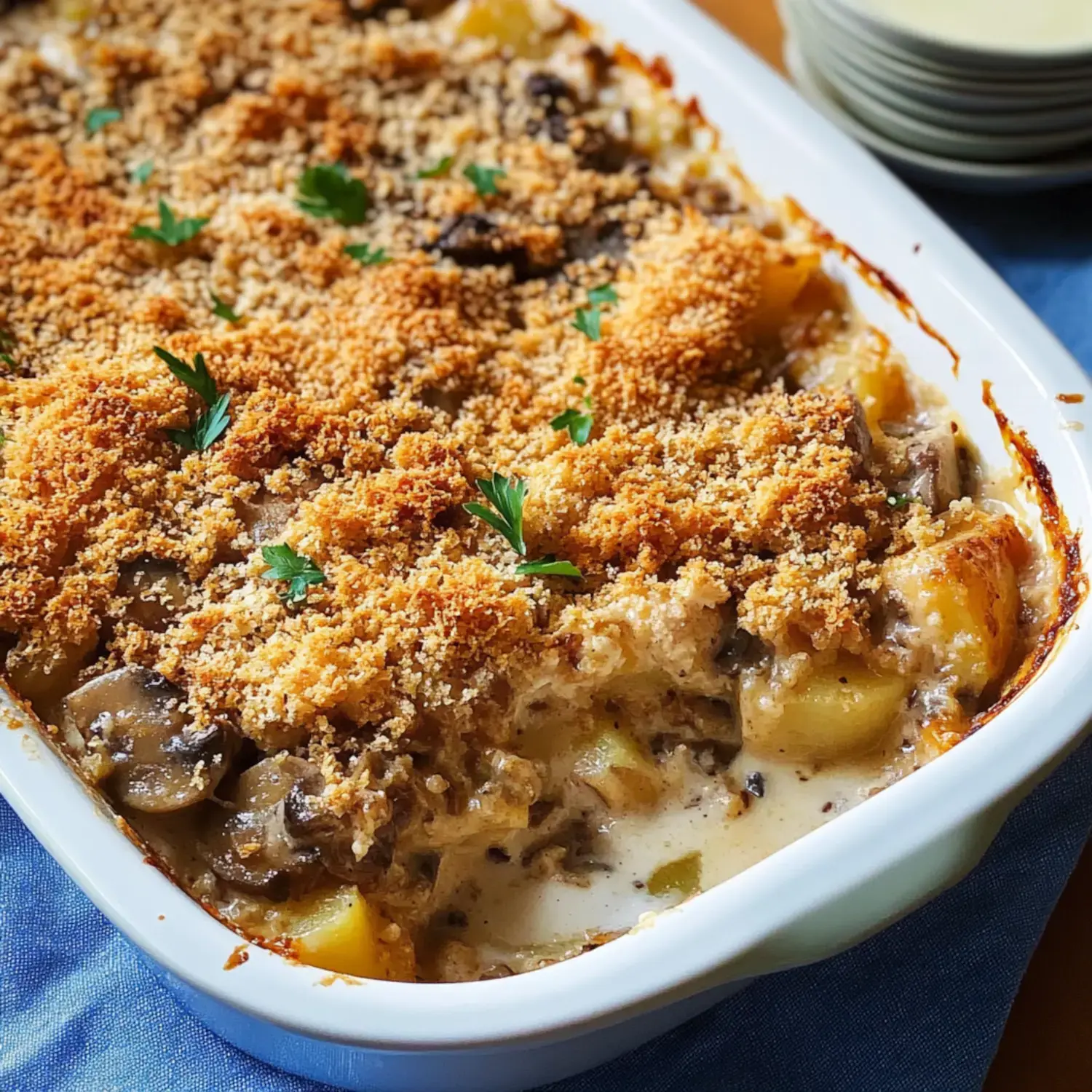 Golden-brown casserole with creamy layers and parsley garnish.