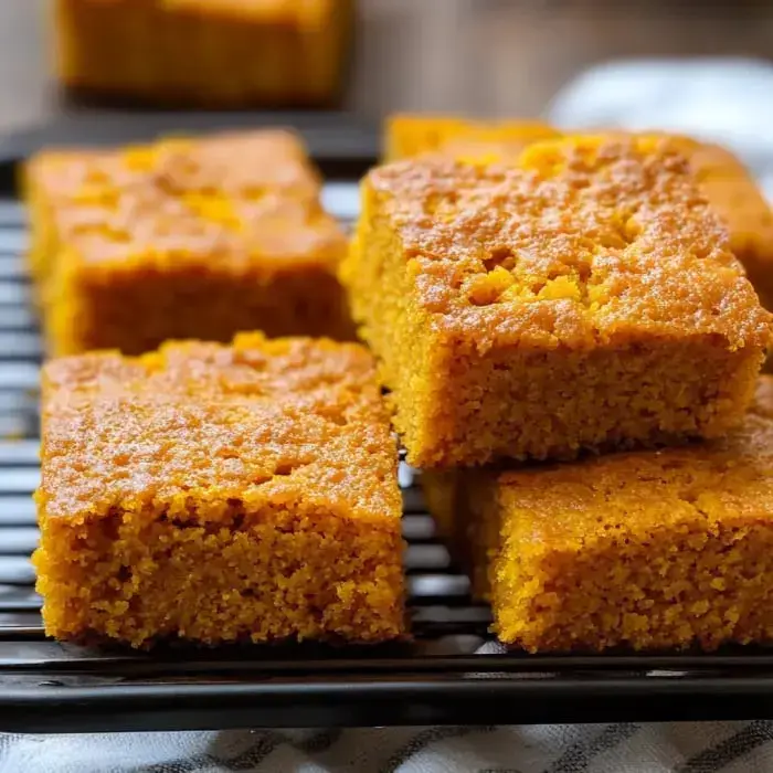 Golden cornbread pieces on a cooling rack.