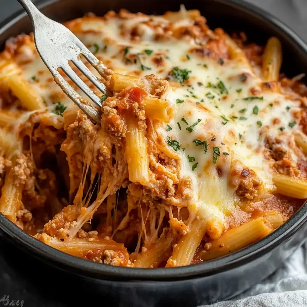 Melting cheese on baked pasta with ground meat being picked up with a fork from a dark bowl.