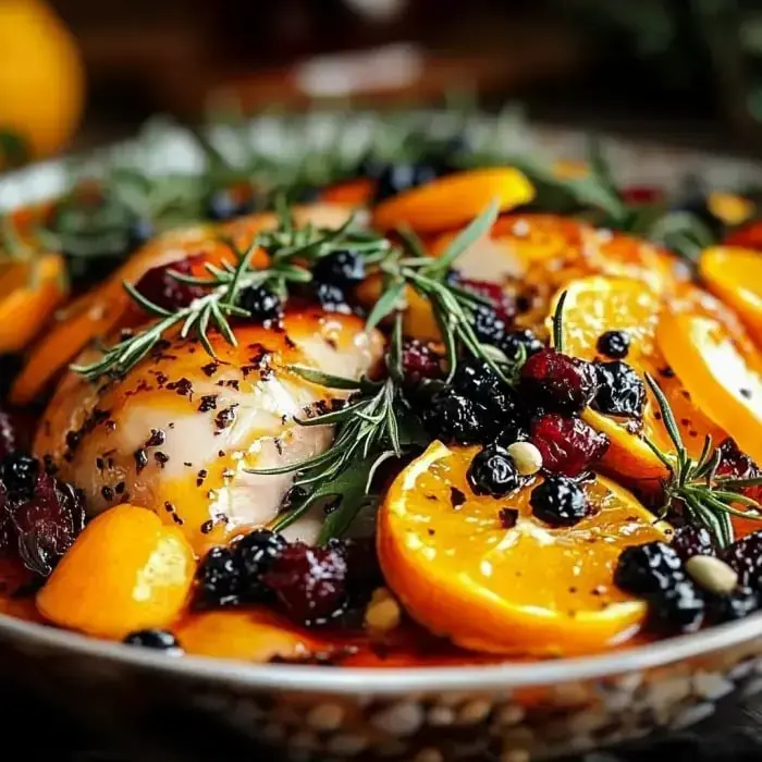 Close view of roasted turkey with orange slices, herbs, and berries in a tasty glaze.