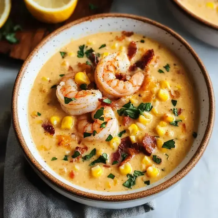 A comforting bowl with shrimp, corn, crispy bacon bits, and parsley on top.
