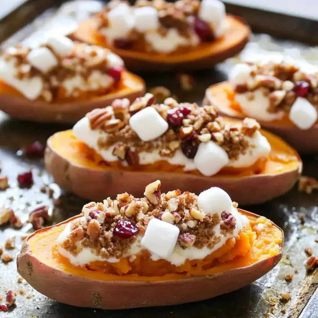 A baking sheet of sweet potatoes with pecans, marshmallows, berries, and crumbs on top.