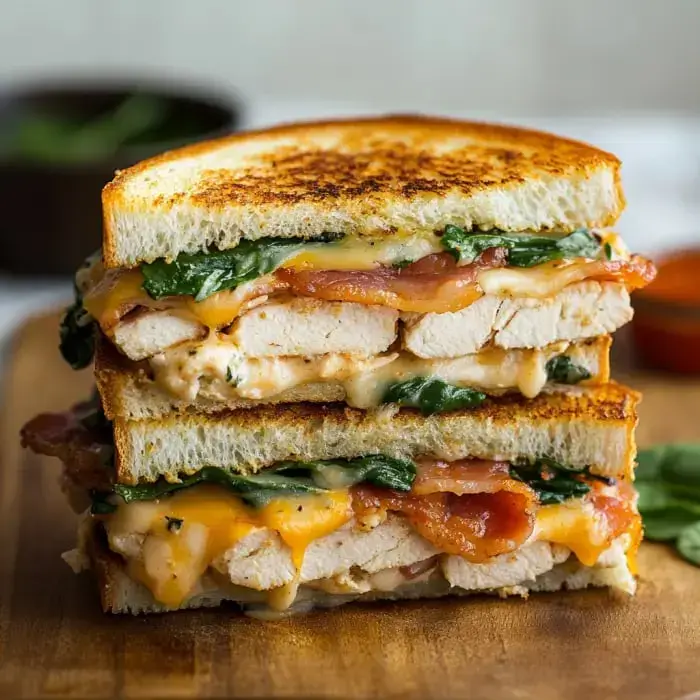 A toasted stack filled with turkey, spinach, bacon, and melty cheddar cheese.