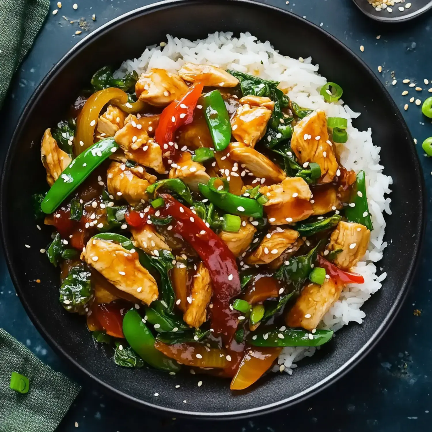 A bowl filled with chicken, colorful peppers, spinach, and sesame seeds on top of white rice.