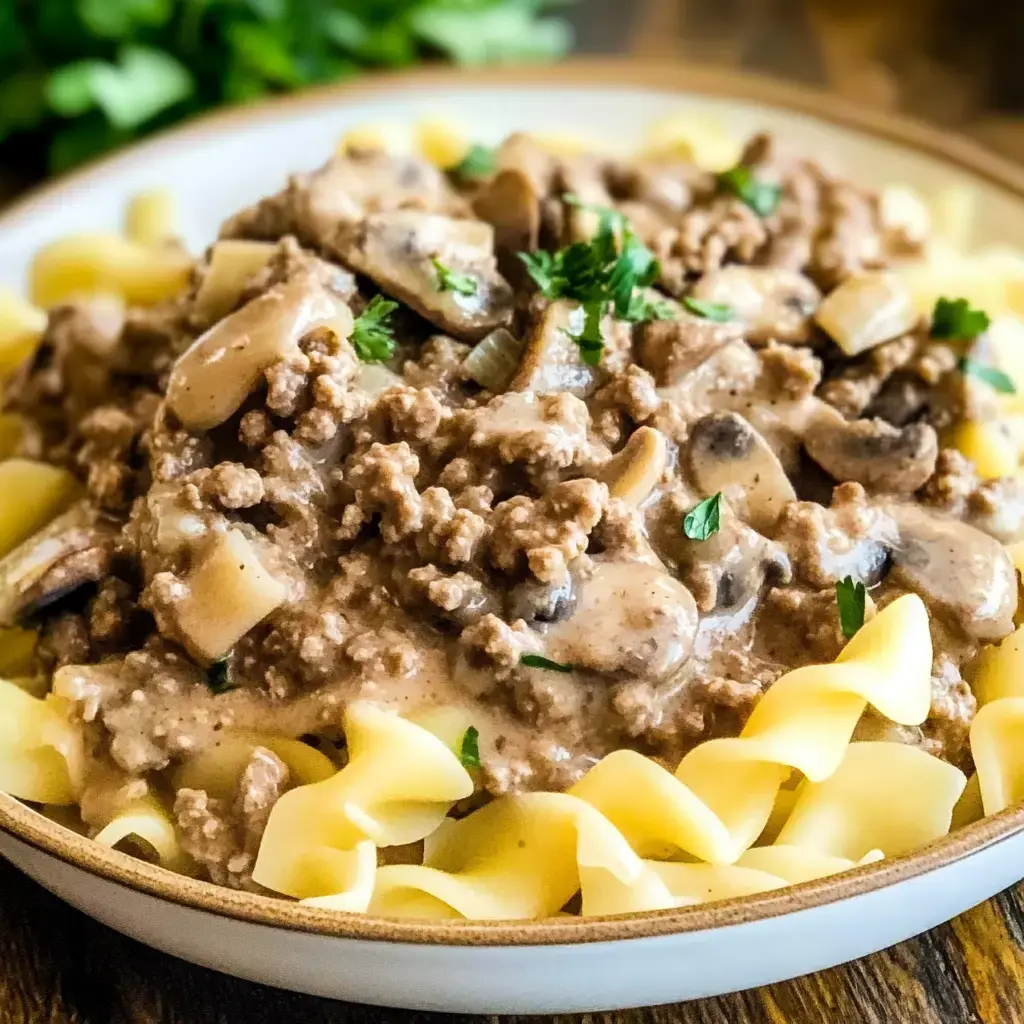 Creamy beef and mushroom sauce on egg noodles, garnished with parsley.