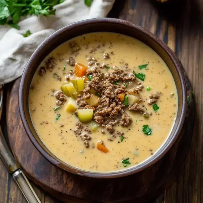 A steaming bowl of smooth soup with hearty crumbles and veggies, topped with parsley, sitting on a wooden table.