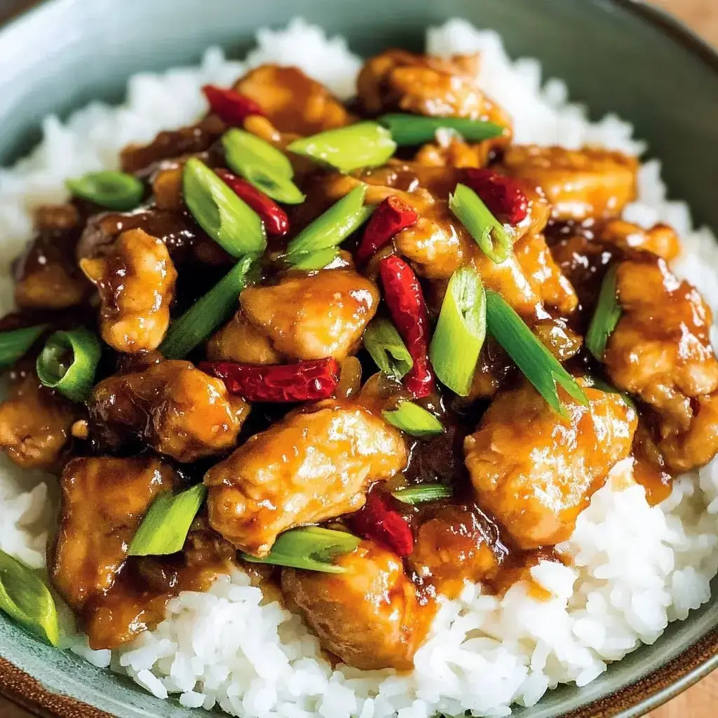 A steaming bowl of rice and chicken doused in flavorful sauce with chili and green onion topping.