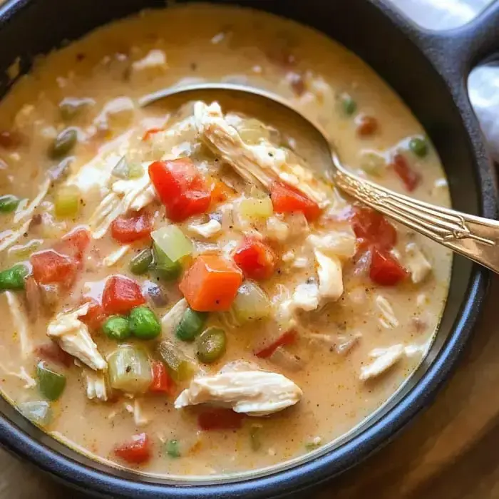 Close-up of creamy chicken soup with colorful peppers, shredded chicken, and tomatoes, served with a spoon inside the bowl.