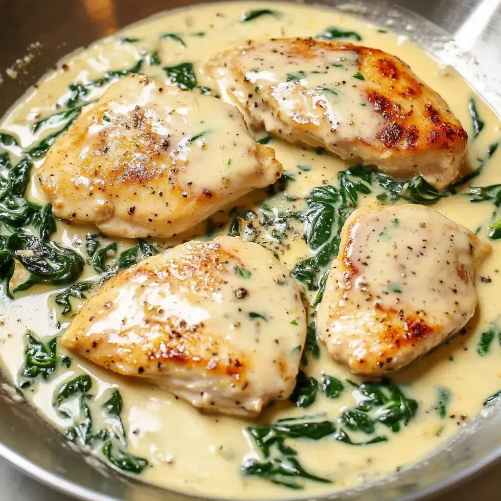 Golden brown chicken breasts in creamy white sauce with spinach, cooked in a skillet.