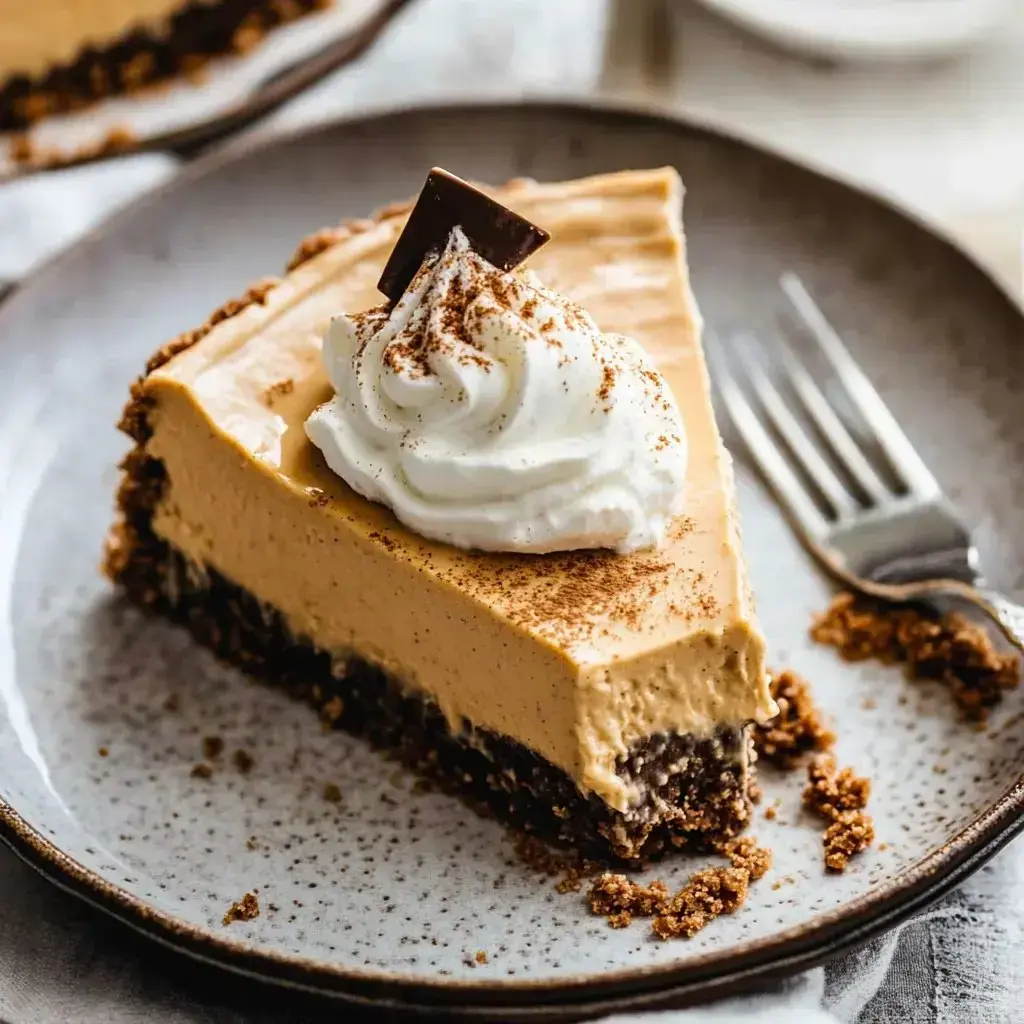 A creamy pumpkin dessert slice topped with whipped cream and chocolate on a gray plate with a fork beside it.