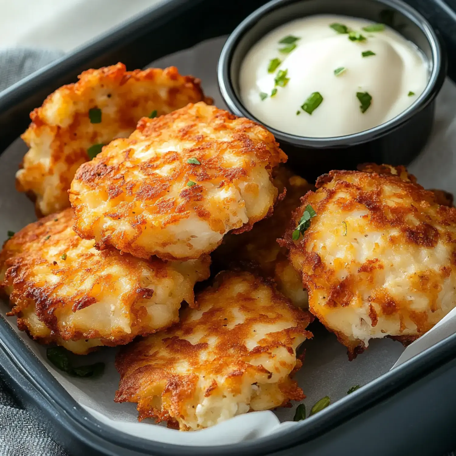A takeout box filled with golden crispy potato bites next to creamy sour cream topped with fresh chives.