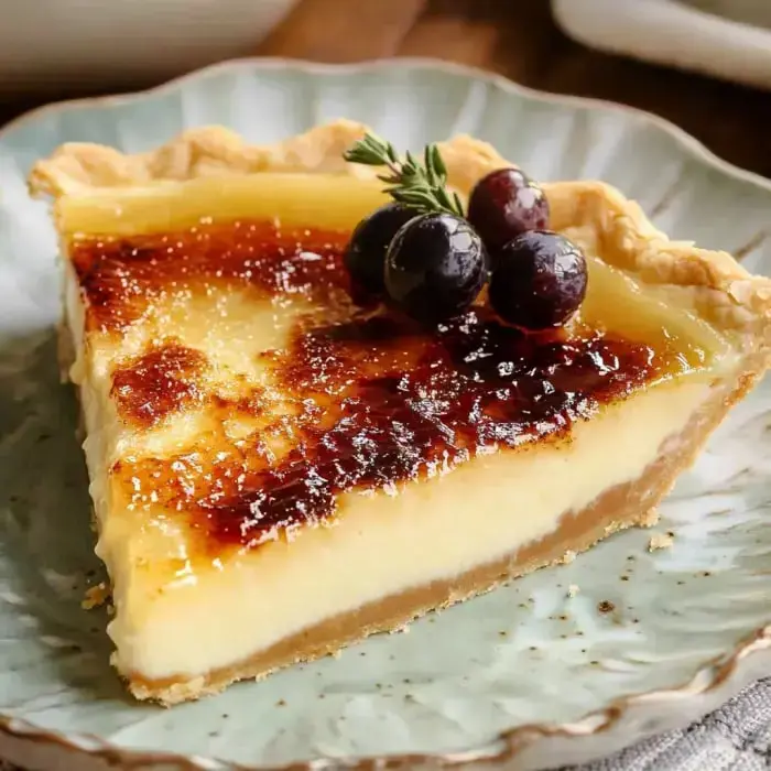 A slice of vanilla custard pie topped with caramelized sugar, blueberries, and mint, served on a fancy plate.