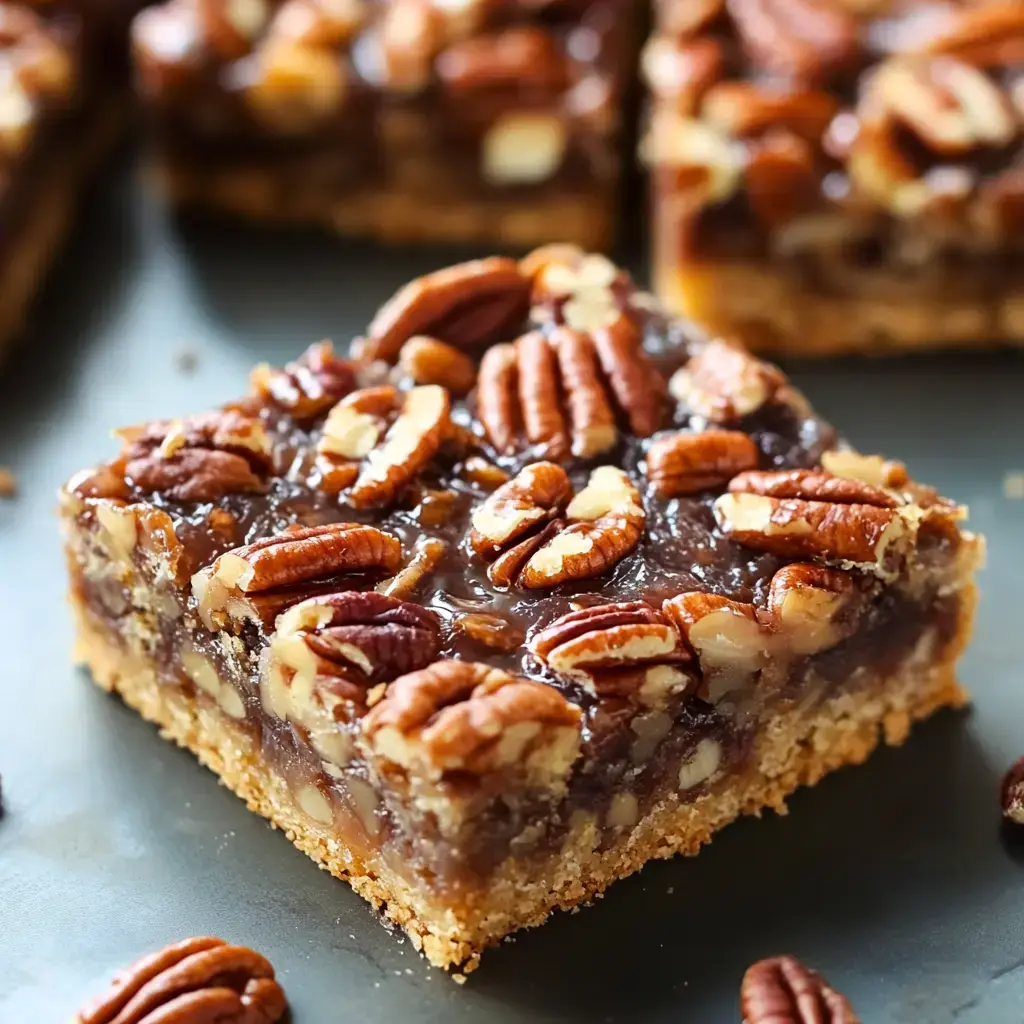 Close view of a layered pecan treat with caramel and chocolate on a dark table.