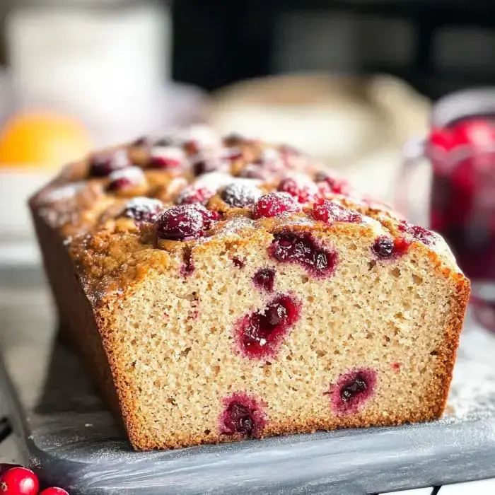 Freshly baked cranberry loaf with a golden crust and visible cranberries, sitting on a gray board.