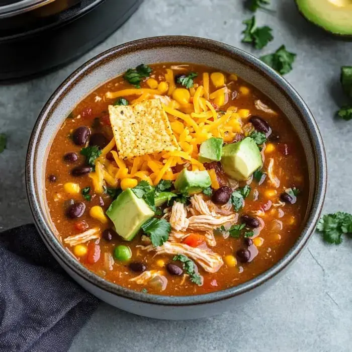 A cozy bowl of soup filled with shredded chicken, beans, corn, avocado slices, grated cheese, tortilla pieces, and fresh green cilantro.