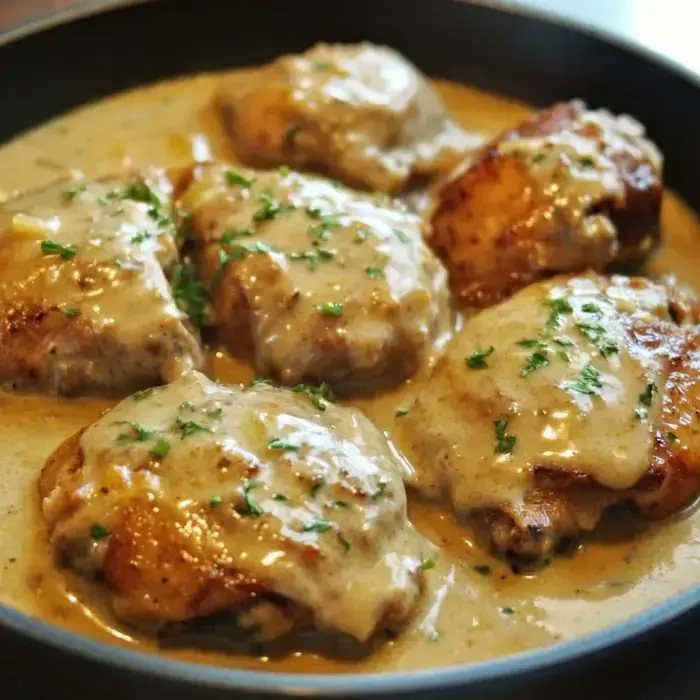 Chicken thighs covered in creamy sauce in a skillet, garnished with parsley.