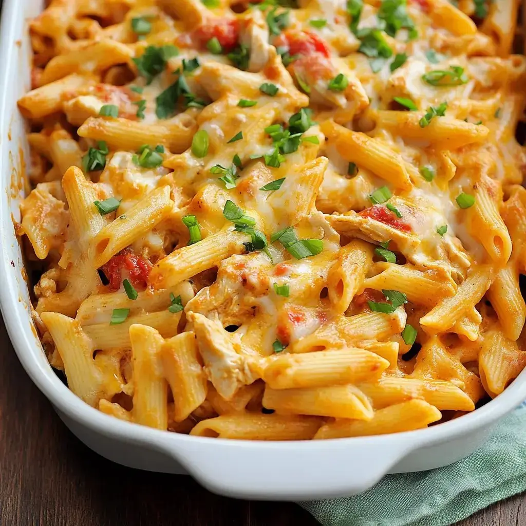Creamy baked buffalo chicken pasta made with penne, juicy chicken, and gooey cheese, topped with green onions.