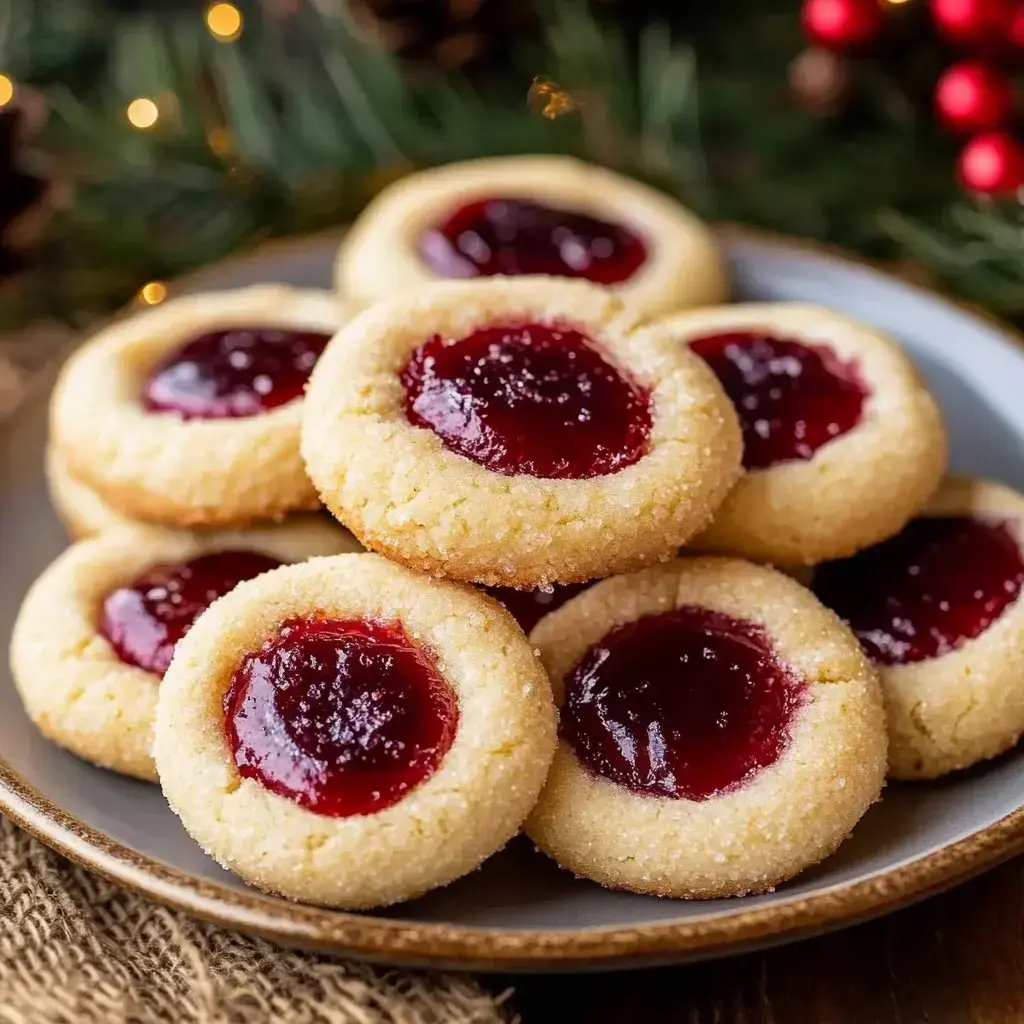 Festive cookies with buttery texture and red jam centers on a plate surrounded by seasonal decor.