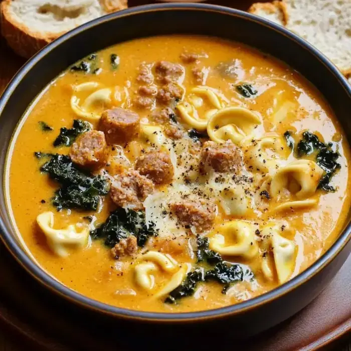 A bowl of thick soup with tortellini, kale, and sausage, served with bread slices.