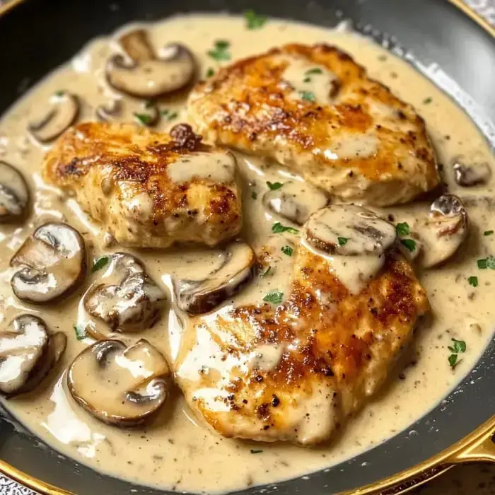 Cooked chicken with creamy mushroom sauce in a pan, garnished with parsley.